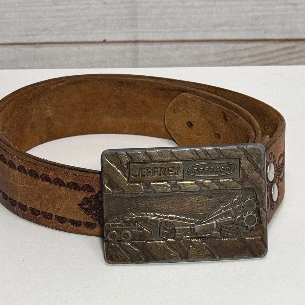 Vintage Jeffrey Dresser Mining Equipment Belt Buckle‎ Tooled Solid Leather Belt